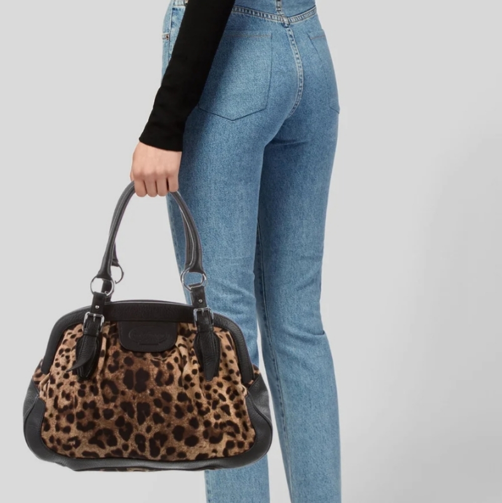 DOLCE & GABBANA Vintage Leather-Trimmed Printed Semi Shoulder Top Handle Bag